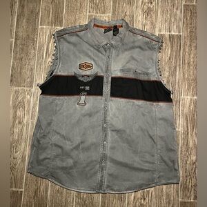 Harley Davidson Gray Cut Off Sleeveless Button Shirt Mens 3XL Frayed Biker